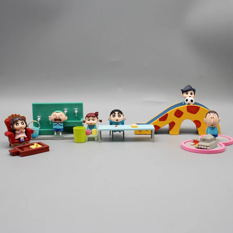 

New 6pcs Crayon Shin Chan Anime Figurine Futaba Kindergarten Miniature Scene Park Decoration Model Kawaii Doll Kids Toy Birthday