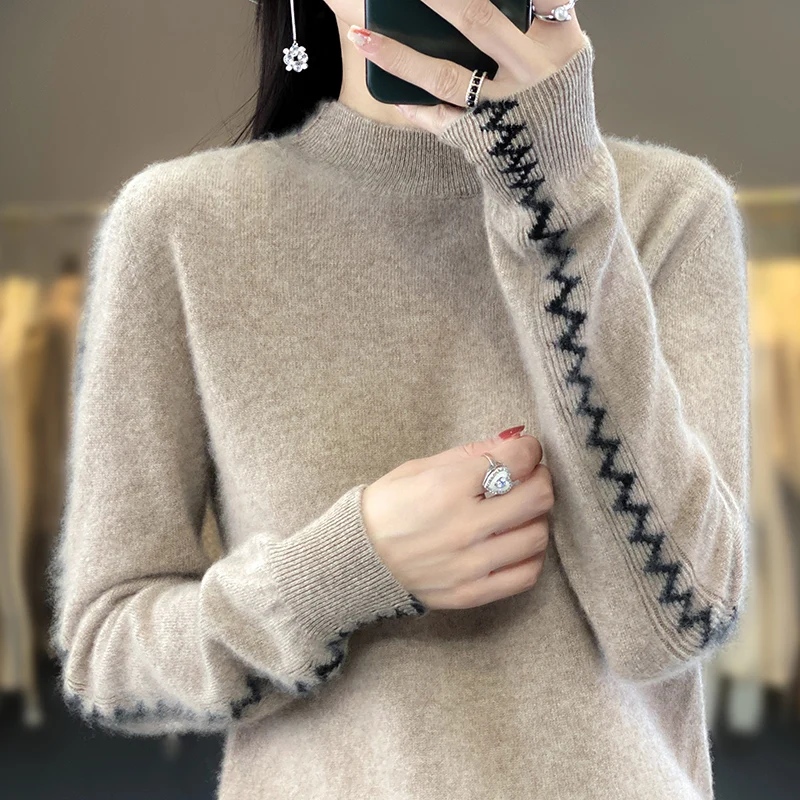 Half high collar women's 100% pure wool sweater with loose fitting and versatile knit sweater design for a slimming base
Half high collar women's 100% pure wool sweater with loose fitting and versatile knit sweater design for a slimming base