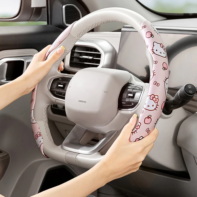 

Sanrio Kawaii Car Steering Wheel Protective Cover Hellokitty Cartoon Universal Sweat-Absorbent Anti-Slip Leather Steering Wheel