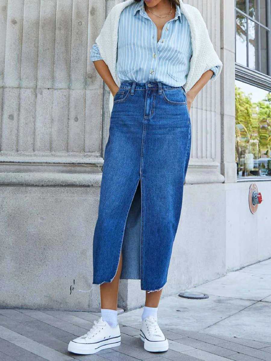 Women Denim Skirt Elegant High Waist Skirt Slit Summer Long Skirt for Casual Daily
Women Denim Skirt Elegant High Waist Skirt Slit Summer Long Skirt for Casual Daily