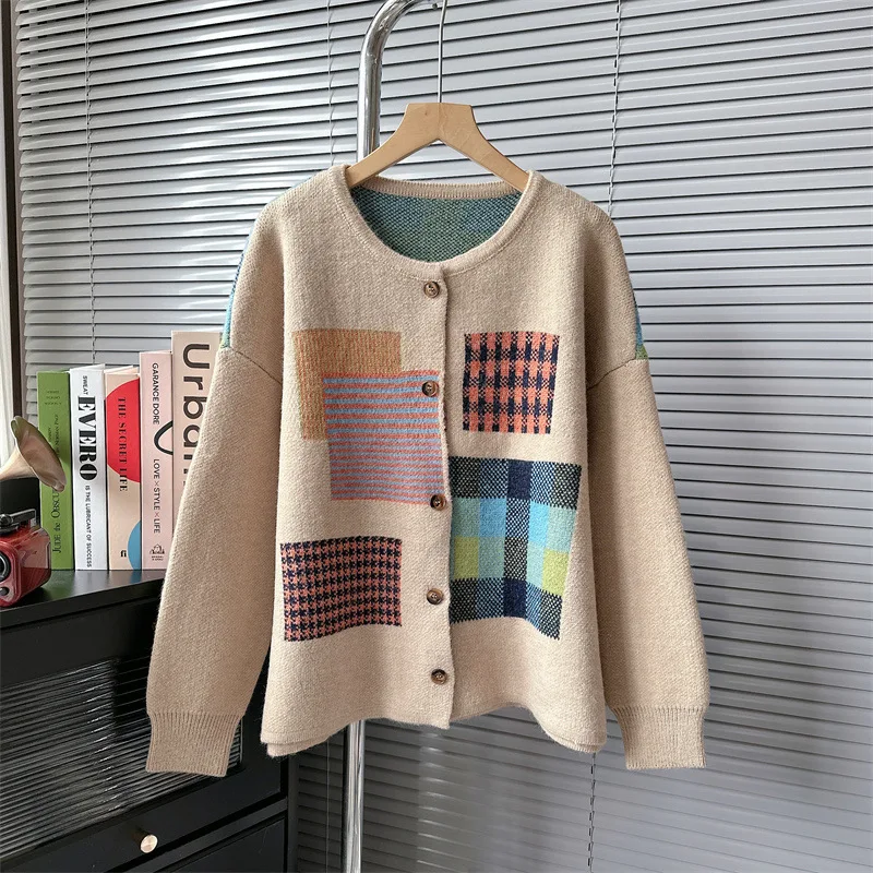 

trendy loose color matching plaid jacquard cardigan Khaki Knit sweater Jackets Full Sleeves knitwear coat tops clothing