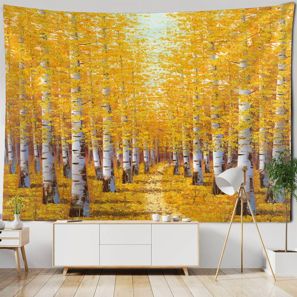 

Forest oil painting tapestry forest scenery wall hanging living room home background hanging cloth Bohemian wall art decoration