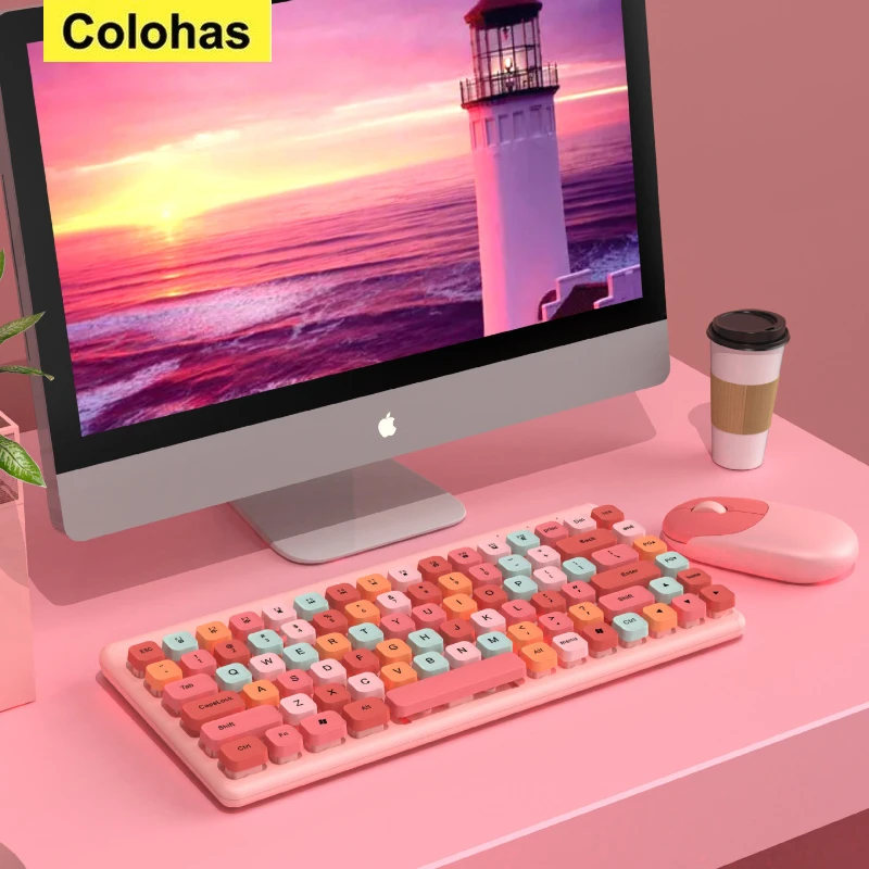 

Lipstick Color 86 Keys Retro Round Wireless Keyboard and Mouse Set Punk Portable Gaming Typewriter Keyboards and Mouse Combos