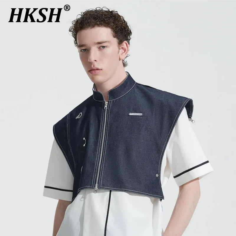 

HKSH Spring Summer New Men's Tide Punk Design Trend Patchwork Denim Short Vest New China-chic Tank Tops Chic Waistcoat HK1304