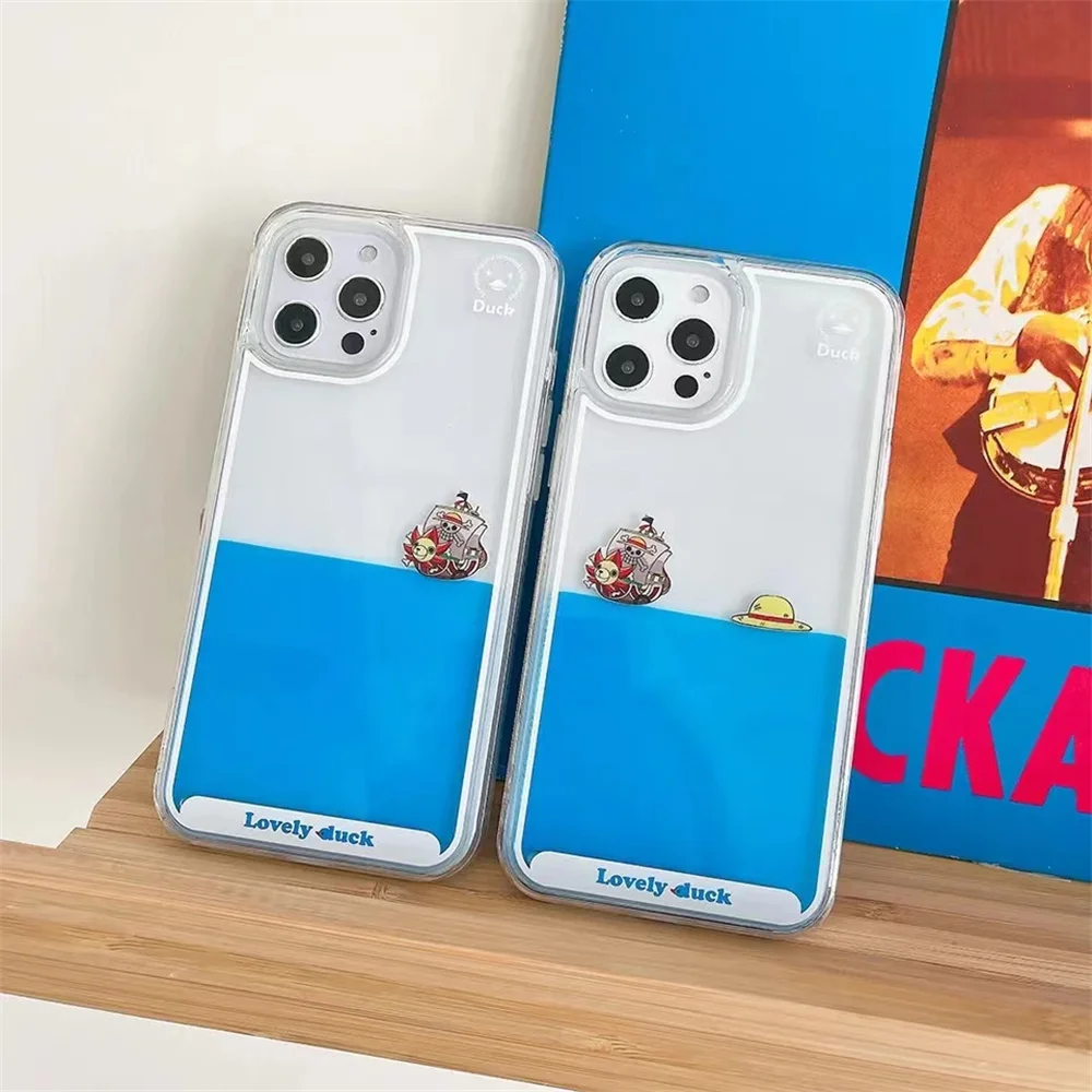 

Luxury Liquid Quicksand Transparent Soft Case Cover For iPhone 14 15 Plus 12 11 13 Pro MAX Cartoon One Piece Icon Capa Coque