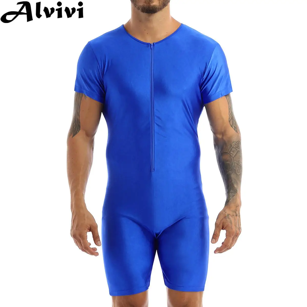 

Mens Short Sleeve Zipper Soft Boxer Bodysuit Swimsuit Rash Guard Wetsuit Beach Pool Party Swimwear Bathing Suit Surfing Jumpsuit