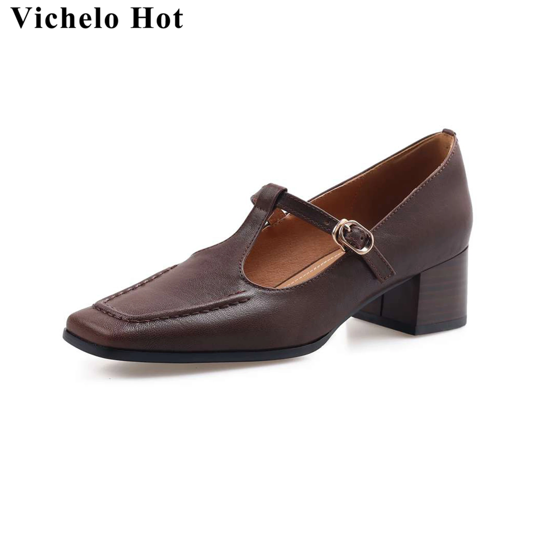 

Vichelo Hot Cow Leather Square Toe Mary Janes Buckle Strap Chunky Heels Spring Autumn Shoes Casual Vacation Elegant Women Pumps