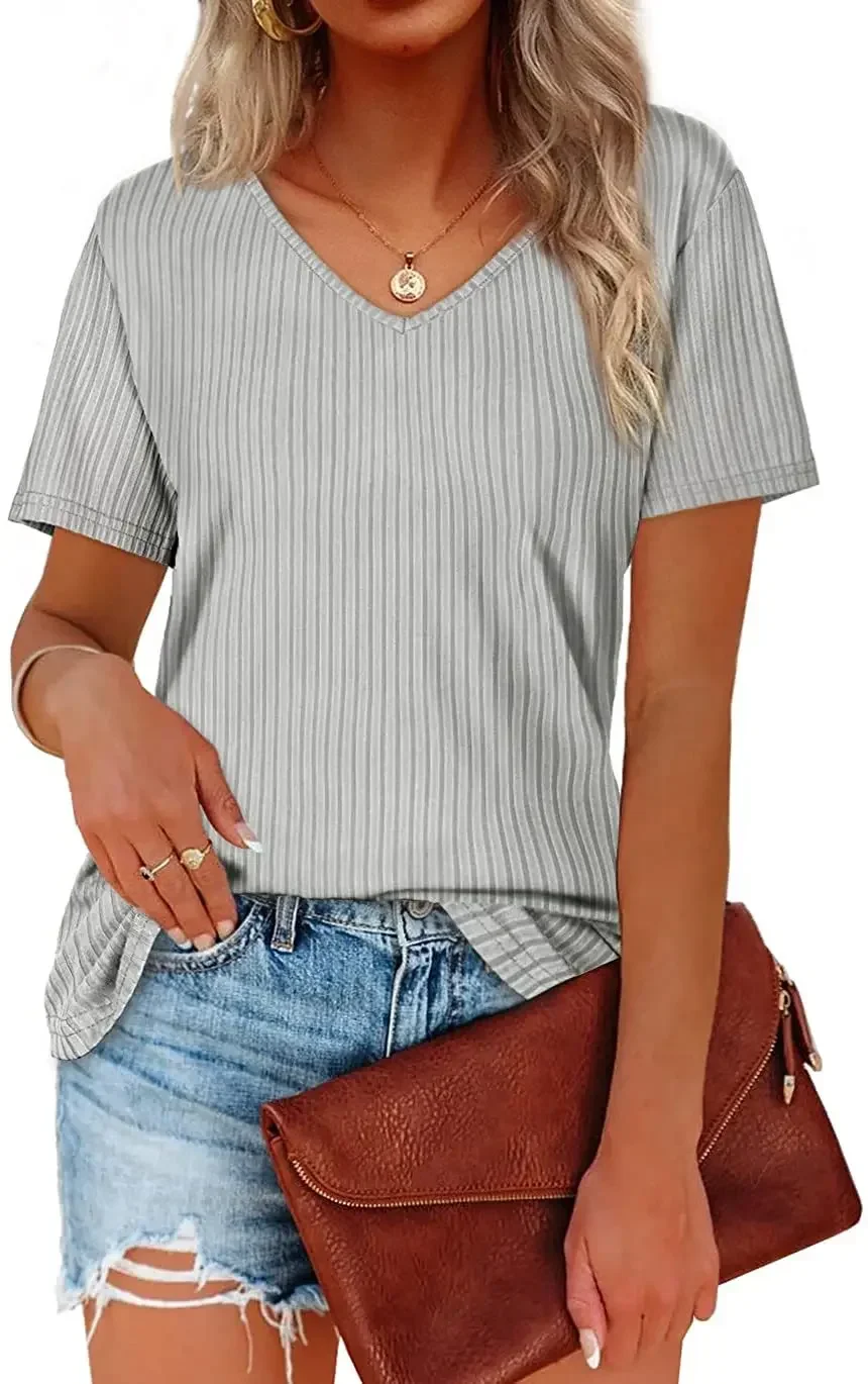 

2023 new womens top hot v-neck pit stripes short-sleeved T-shirt gray22