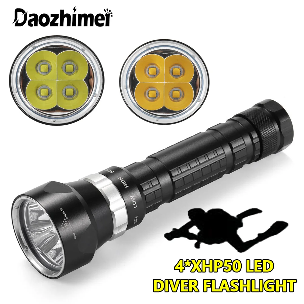 

Super bright Diving Flashlight 4*XHP50 Underwater 3 Mode LED Waterproof dive Tactics 26650 Torch Diver 100m hunting Lamp
