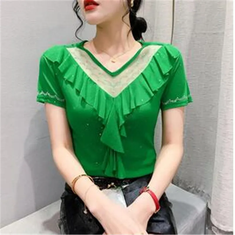 MadBlack Summer European Clothes T-Shirt Sexy V-Neck Mesh Thin Ruffles Shiny Women Tops Short Sleeve Off Shoulder Tees
MadBlack Summer European Clothes T-Shirt Sexy V-Neck Mesh Thin Ruffles Shiny Women Tops Short Sleeve Off Shoulder Tees