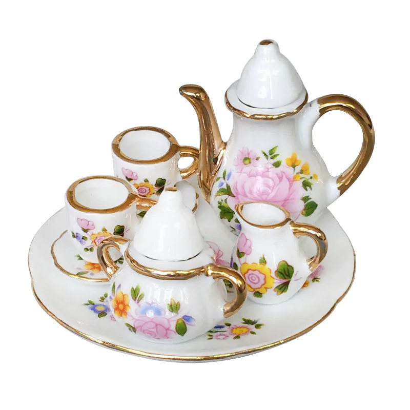 

5 шт. 1/6 чайный набор для кукольного домика с золотой границей из цветного Розового Фарфора аксессуары для игрушечного керамического чайного набора мини