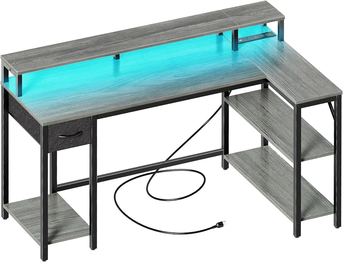 

SUPERJARE 53 Inch L Shaped Desk with LED Lights & Power Outlets, Reversible Computer Desk with Shelves & Drawer, Corner Desk