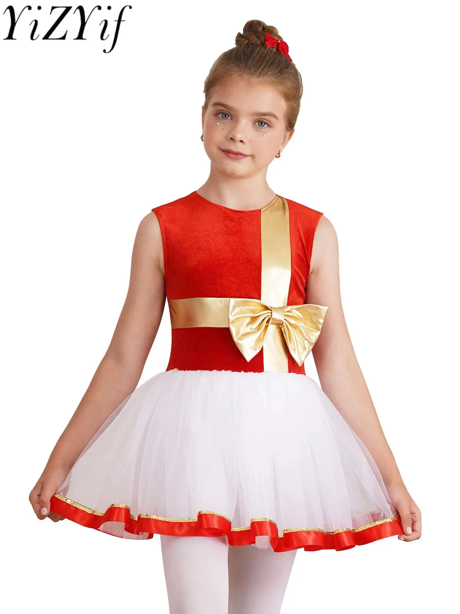 

Kid Girls Candy Cane Christmas Costume Pageant Party Plush Bowknot Ballet Dance Figure Ice Skating Tutu Dress Leotard Dancewear