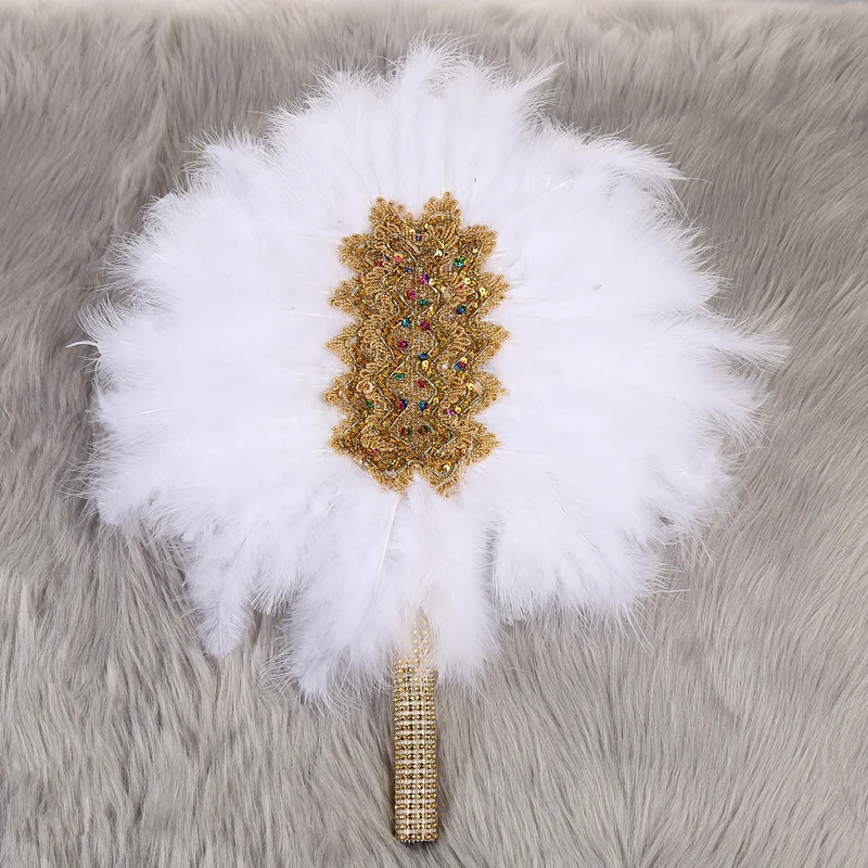 

African Turkey Feather Hand Fan Feathers Handfan For Dance Wedding Decoration Fan With Gold Handle Nigerian Bride Feathers Fan