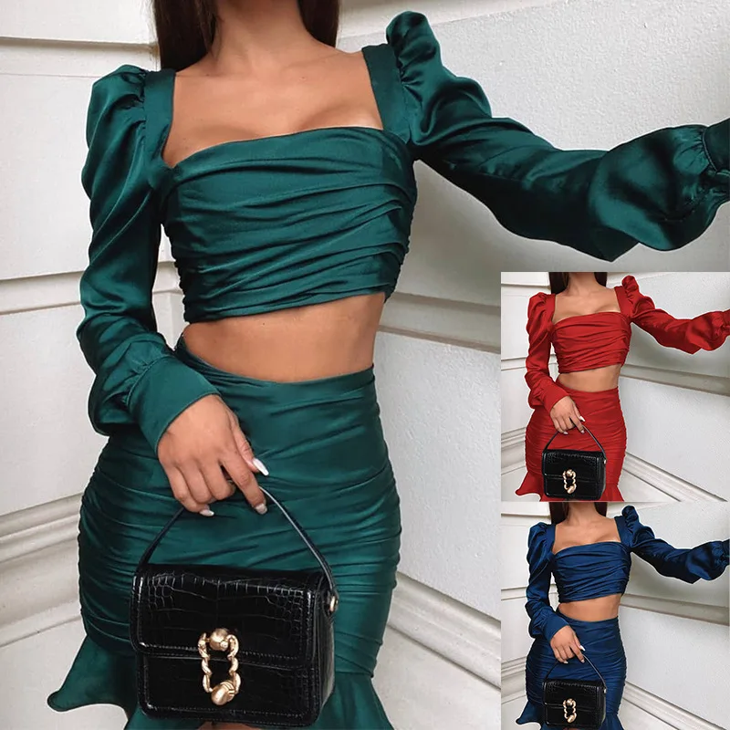 Satin Ruched Party Outfit Two Pieces Set Women Autumn Pleasted Square Neck Long Sleeve Crop Top + Meimaid Mini Skirt
Satin Ruched Party Outfit Two Pieces Set Women Autumn Pleasted Square Neck Long Sleeve Crop Top + Meimaid Mini Skirt