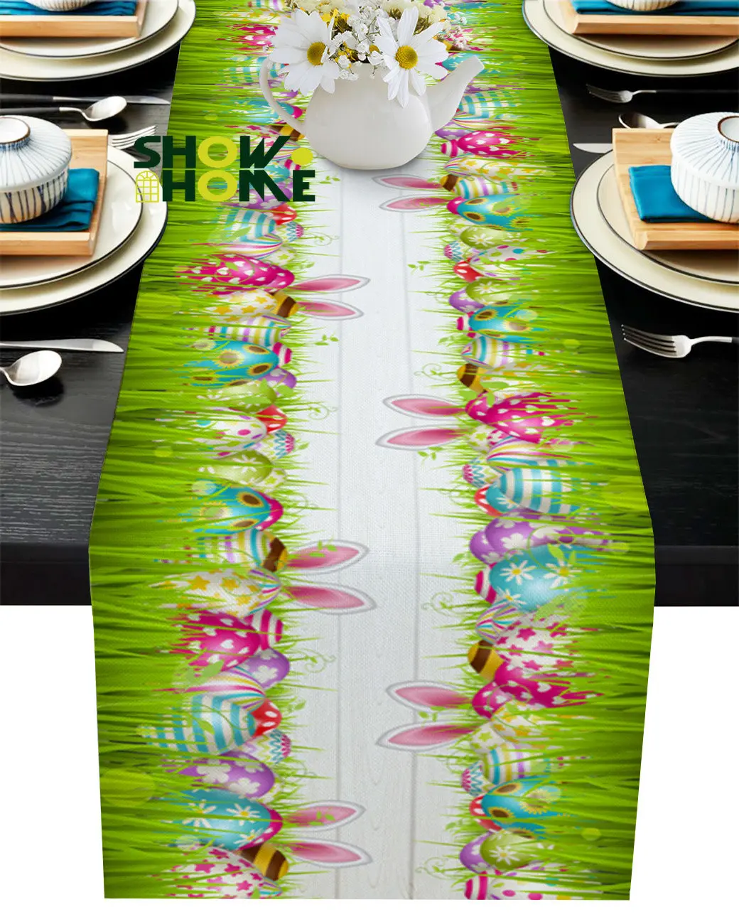 

Easter Eggs Rabbit Ears Grass Table Runner Wedding Table Decoration Home Decor Kitchen Table Runners And Placemats