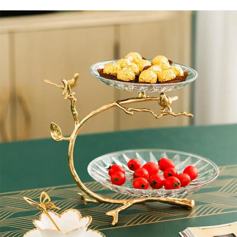 

2-layer Brass Glass Fruit Plate Cake Stand Candy Tray Dessert Plate Snack Plates Refreshment Tray Dim Sum Dish Dried Fruit Plate