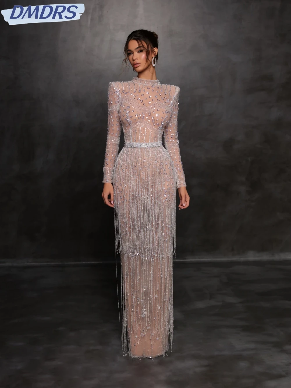

Sparkly Sequins Tassel Prom Gown Luxury Beads Straight Long Cocktail Dresses Sexy Illusion Evening Dress Robe De Mariée