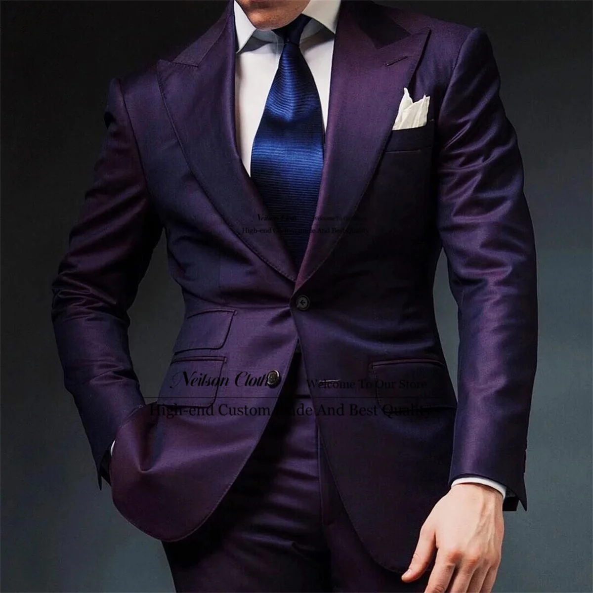 

Formal Purple Men Suits Peaked Lapel Groom Wedding Tuxedos 2 Pieces Sets Male Prom Blazers Slim Fit Groomsmen Terno Masculino