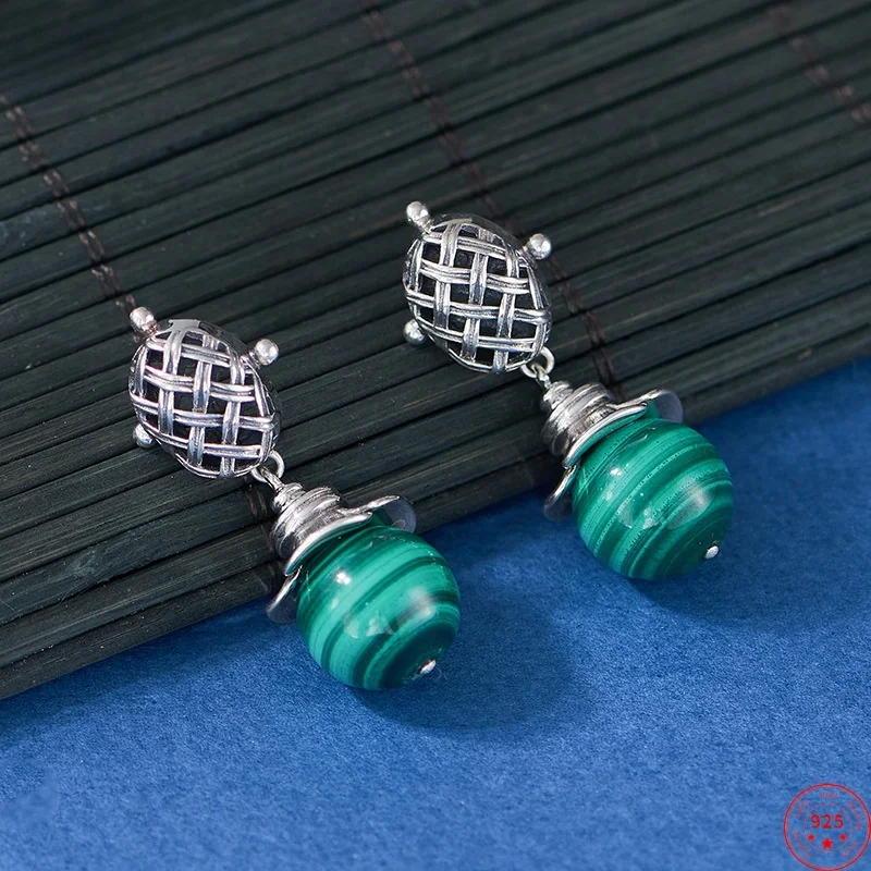 

S925 Sterling Silver Earrings for Women New Fashion Hollow Grid Pattern Inlaid Malachite Ear Studs Punk Jewelry Free Shipping