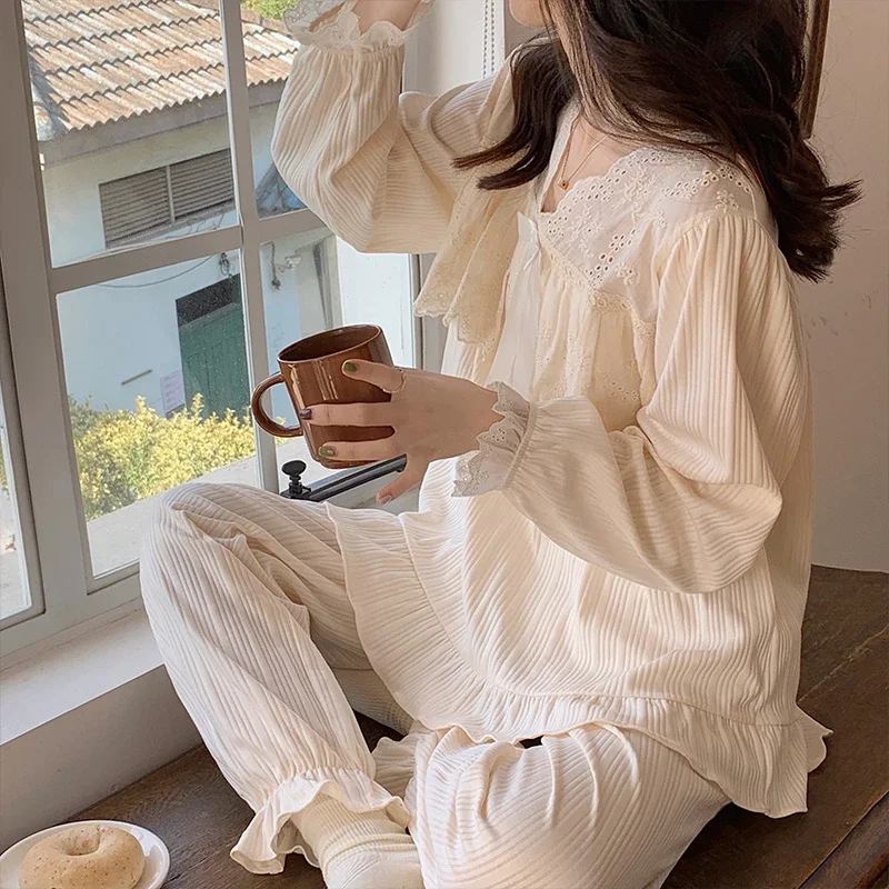 Korean Style Cotton Pajama Sets Square Collar Long Sleeve Trousers Women Solid Color Kawaii Trendy Womens 2pcs Pyjama Elegant
Korean Style Cotton Pajama Sets Square Collar Long Sleeve Trousers Women Solid Color Kawaii Trendy Womens 2pcs Pyjama Elegant
