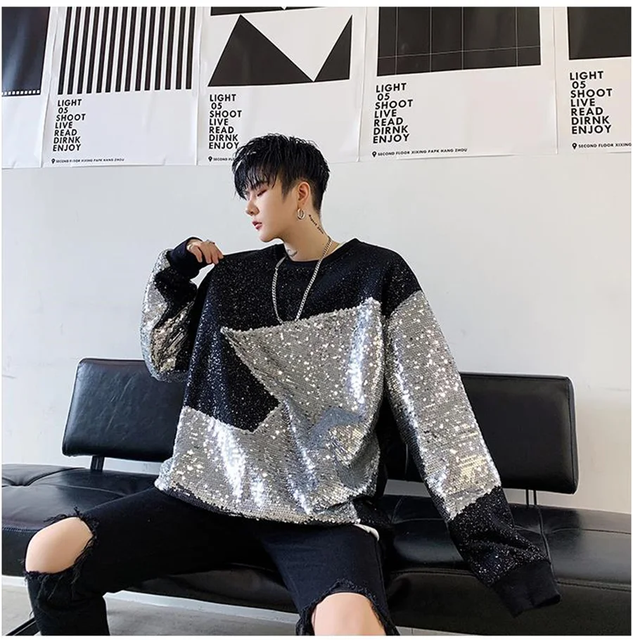 Hip Hop Street Dance Tops T-Shirt Stage Costume Shiny Sequin Splicing Men's Loose Casual Pullover Hoodie Tees Shirts Tide Male
Hip Hop Street Dance Tops T-Shirt Stage Costume Shiny Sequin Splicing Men's Loose Casual Pullover Hoodie Tees Shirts Tide Male