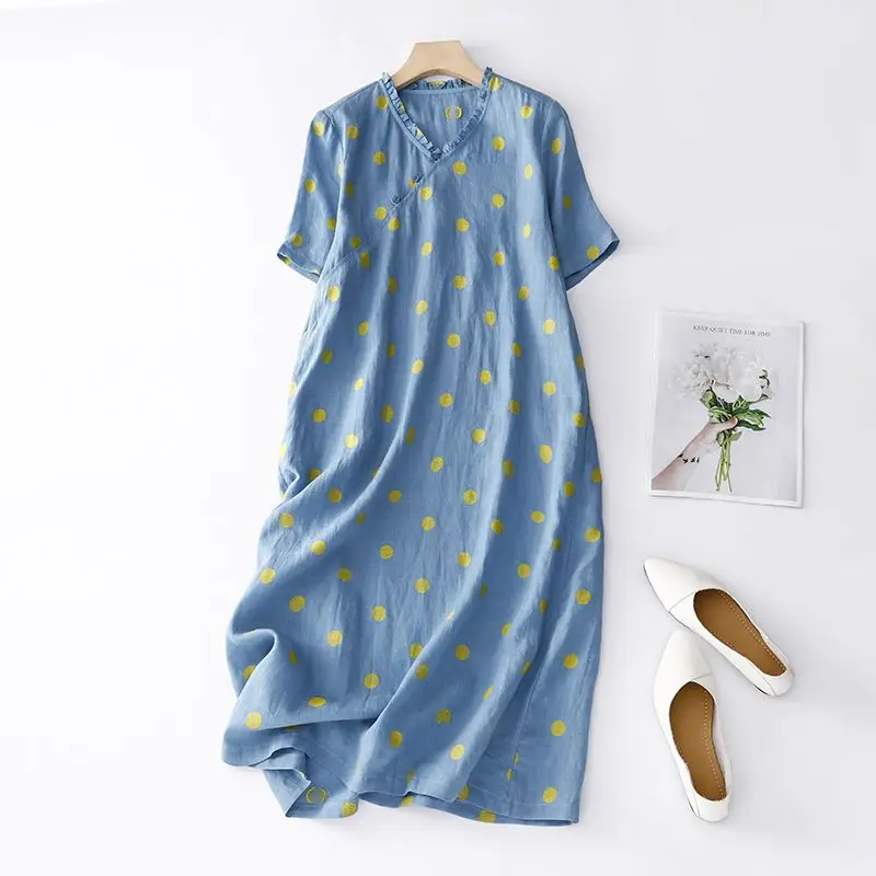 New Summer Cotton and Linen Dot Print Dress for Women Vintage Loose V-Neck Short Sleeve Vestidos Women's Clothing
New Summer Cotton and Linen Dot Print Dress for Women Vintage Loose V-Neck Short Sleeve Vestidos Women's Clothing