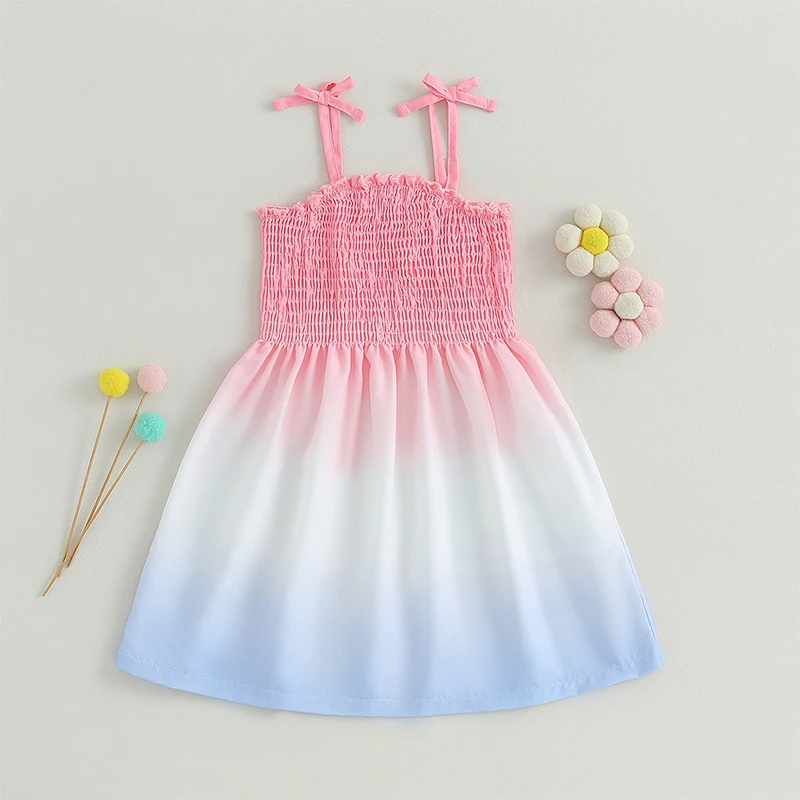 

Listenwind 3-7Y Kid Girl Summer Sweet Cami Dress Sleeveless Tie-Up Spaghetti Strap Gradient Ruched A-Line Casual Dress