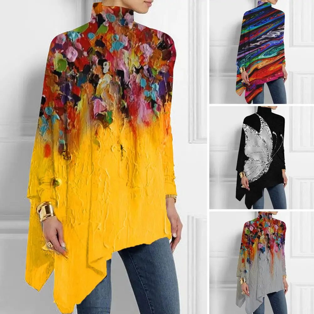 

Fall Spring Women Top Colorful Artistic Print High Collar Loose Irregular Hem Long Sleeve Mid Length Pullover Soft Colorfast Cas