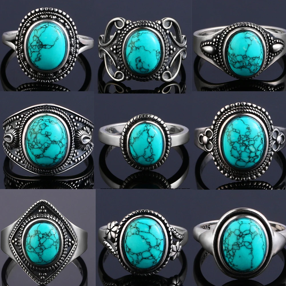 

Vintage S925 Sterling Silver Ring Natural Turquoise Rings Luxury Jewelry Party Anniversary Birthday Gift for Women Man