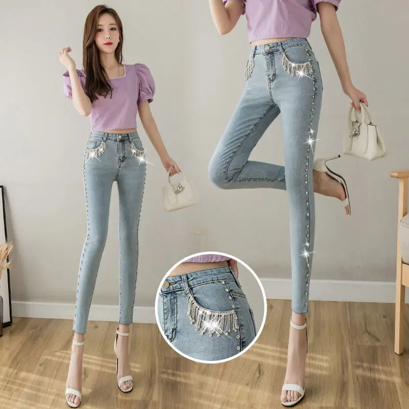 

Джинсовые брюки женские в уличном стиле, винтажные узкие эластичные синие джинсы до щиколотки, с жемчужинами и бриллиантами, с завышенной талией, модные