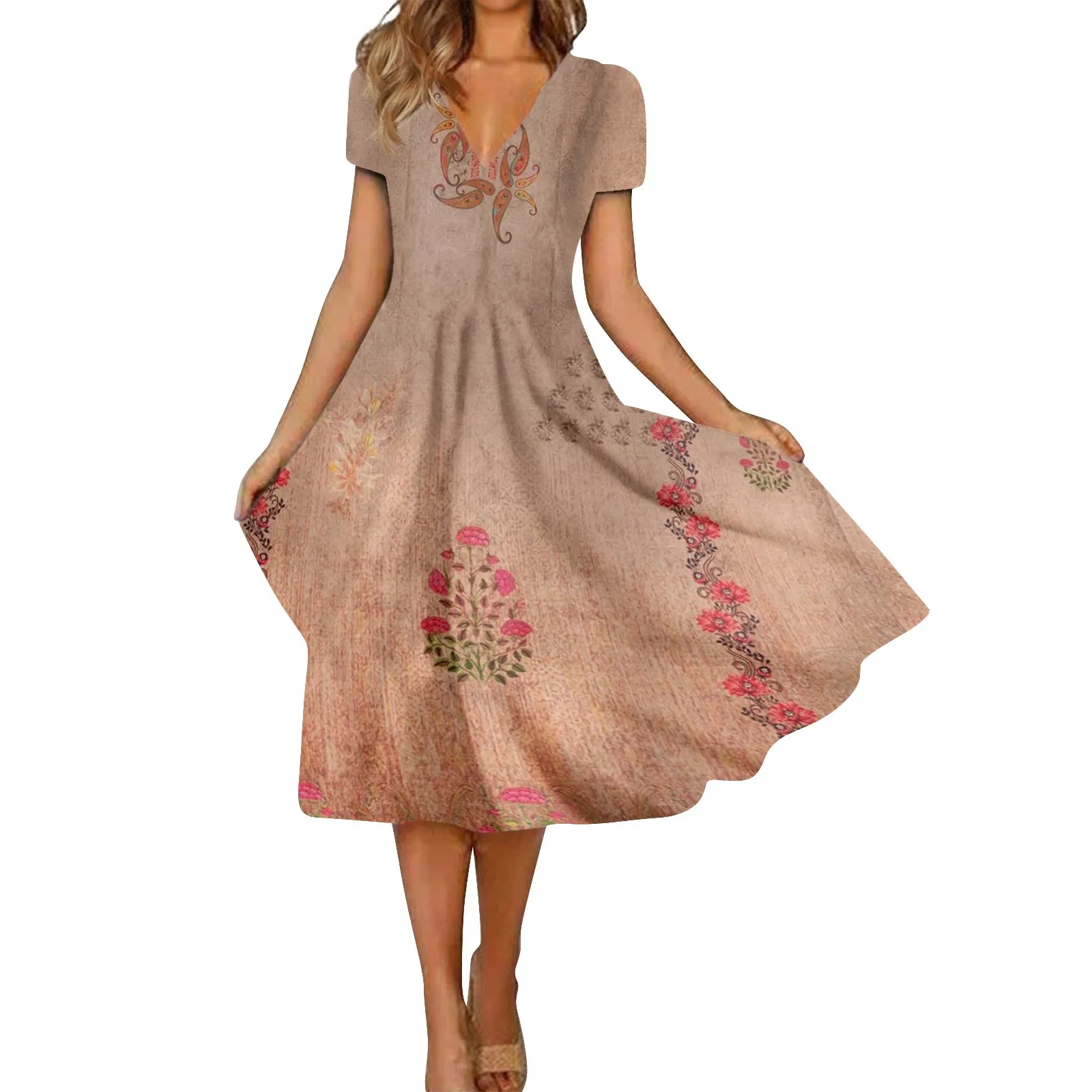 

Женское винтажное платье миди с коротким рукавом, Повседневное платье с V-образным вырезом и драпировкой качели в стиле ретро, лето 2023