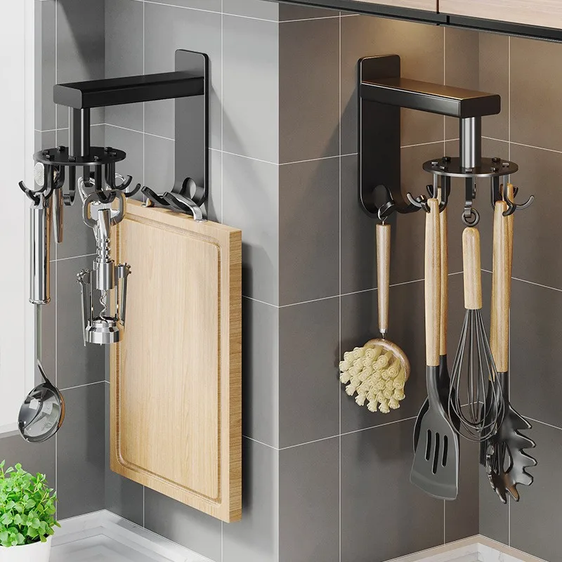 

Kitchen Wall-mounted Spatula Spoon Kitchenware Organizer Free Rotating Hooks Hanging Rod Shelves Wholesale