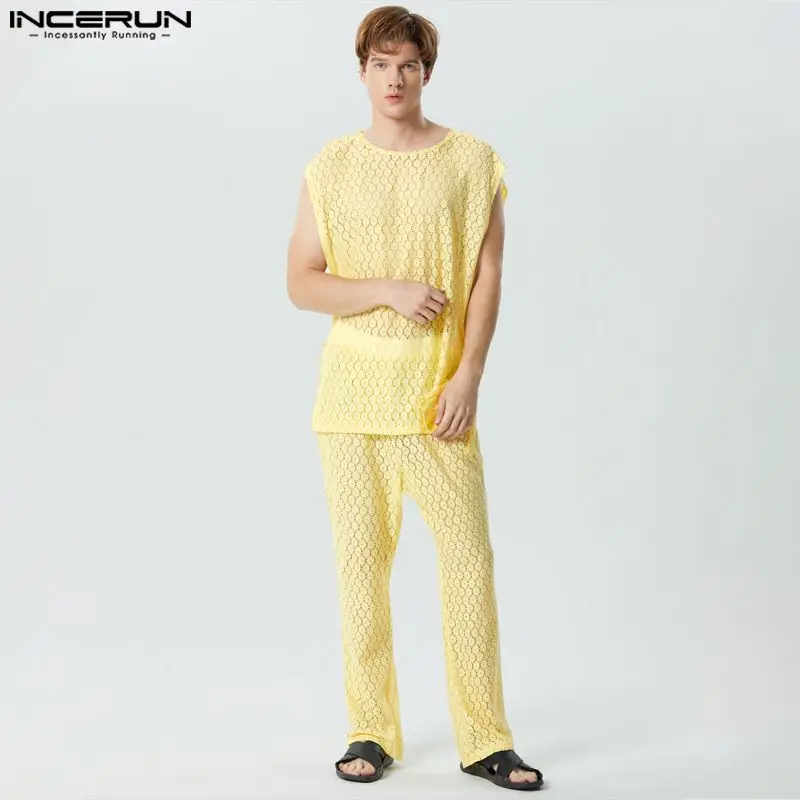 

INCERUN 2023 American Style Sexy Men's Stylish Sets Lace Mesh Hollowed See-through Vests Long Pants Casual Two-piece Sets S-5XL