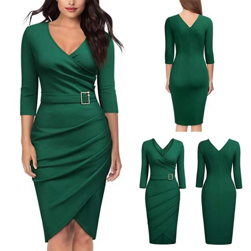 

Hot Solid Color Women V Neck 3/4 Sleeve High Waist Belted Irregular Pencil Dress