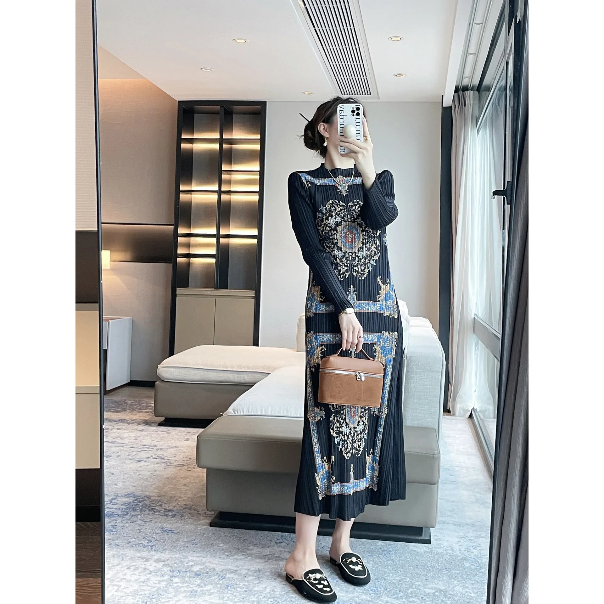 

Женское плиссированное платье миаке, длинное тонкое облегающее платье дворцового стиля с принтом в стиле ретро, весна 2024