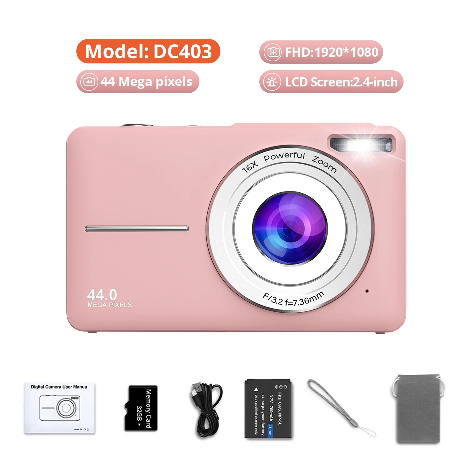 

digital Camera HD 1080P 2.4 inches Rechargeable Cameras with 16x Zoom Compact Camera 44MP Cameras for kids Girls camera digit