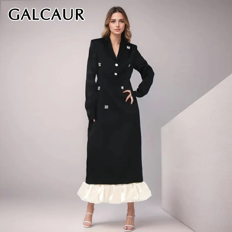 

GALCAUR Patchwork Diamonds Temperament MIdi Dresses For Women V Neck Long Sleeve High Waist Elegant Colorblock Chic Dress Female