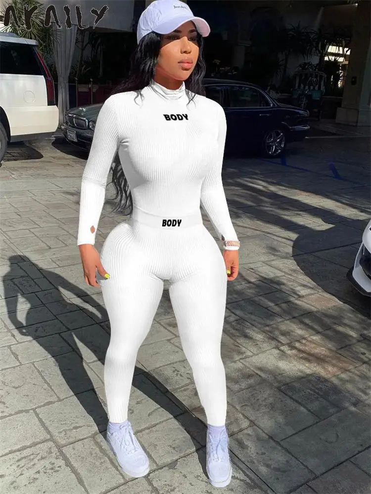 

Akaily Fall White Body Embroidery 2 Two Piece Sets Tracksuit Women Outfits 2022 Long Sleeve Tops And Pants Set Female Sweatsuit