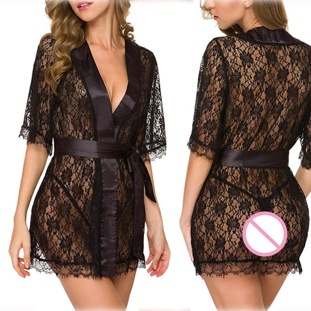 

Women Sexy Lace Lingerie Translucent V Neck Sleepwear Hollow Solid Underwear Long Selveless Dress Exquisite Erotic Nightwear`