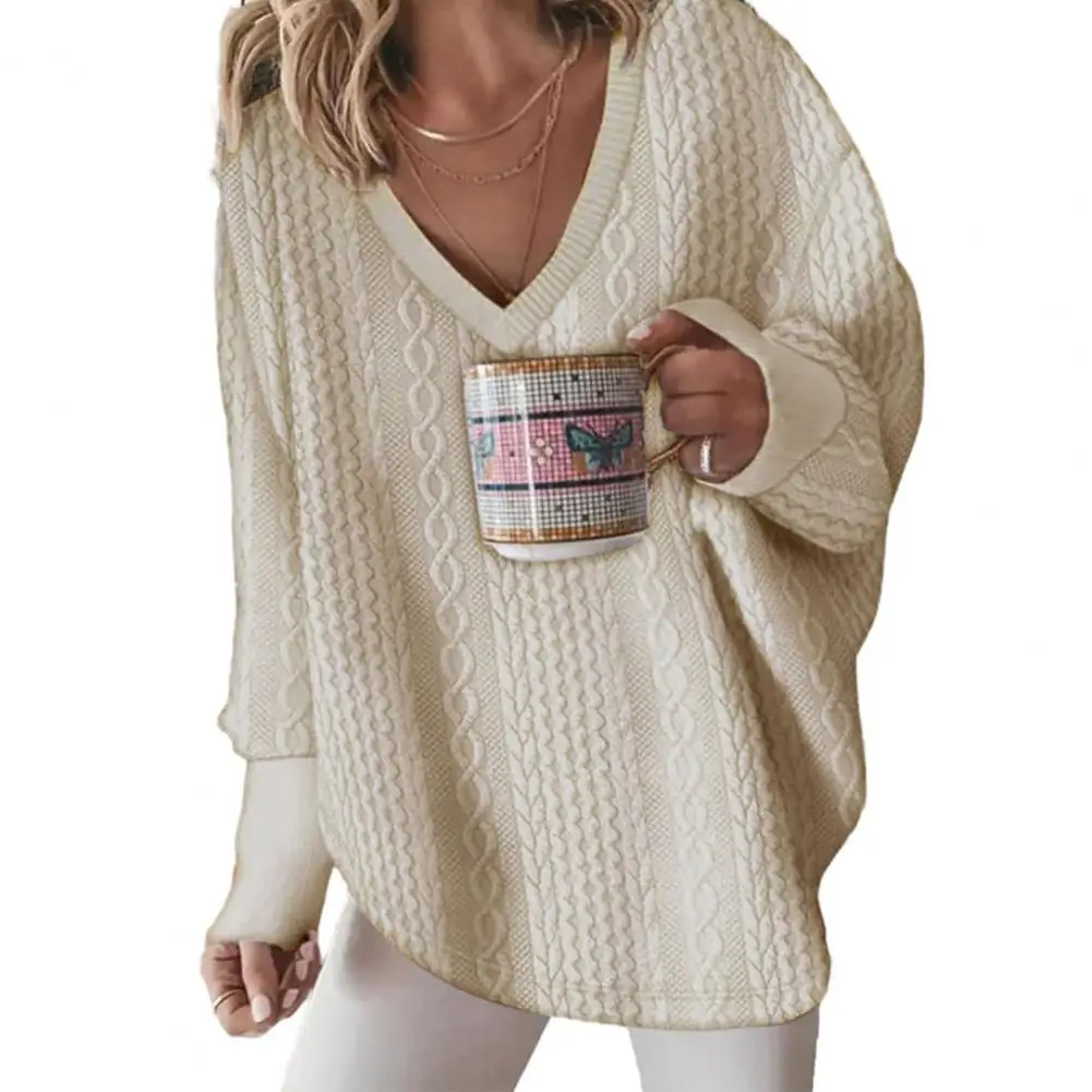 

Autumn Winter Women Sweater Casual V-neck Long Sleeve Twist Pattern Solid Color Loose Fit Knitting Pullover Jumper 한국 가을옷 2023