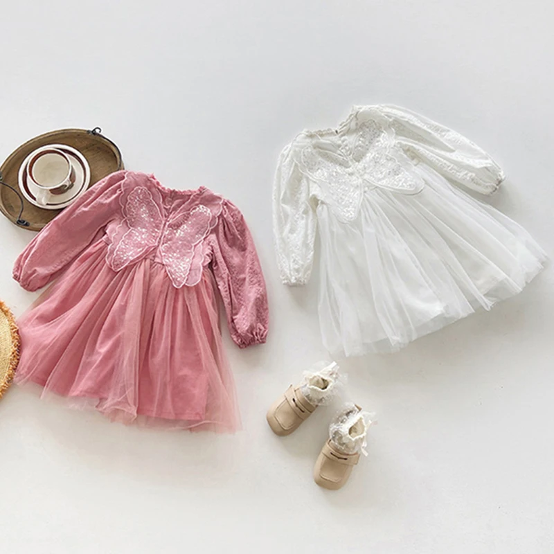 

Корейское милое кружевное платье с крыльями для маленьких девочек, розовое платье с блестками в виде крыльев, весеннее детское платье