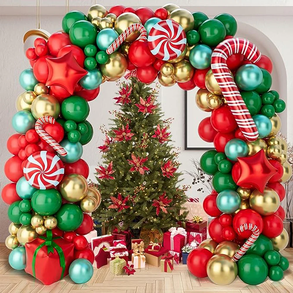 

Рождественские красные воздушные шары-гирлянды металлические зеленые золотые латексные шары, рождественские подарочные коробки, конфеты, тростник, звезда, фольга, украшения