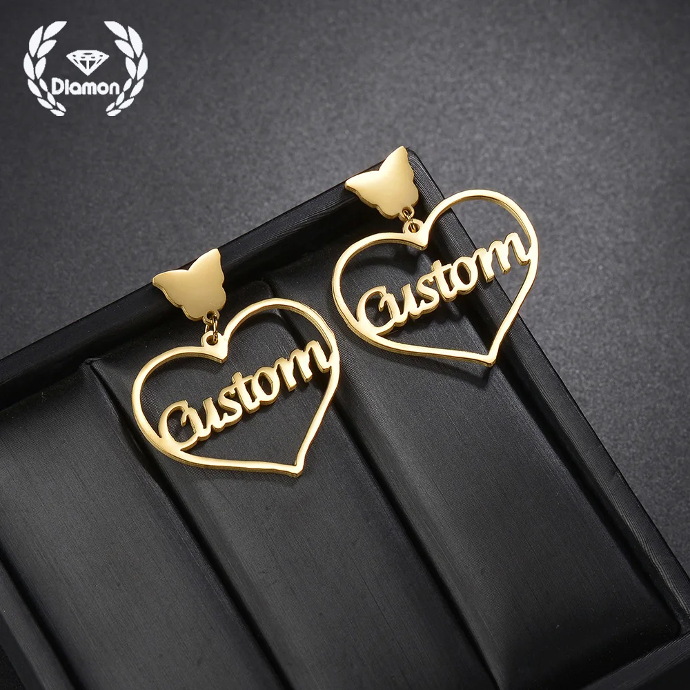 

Diamon Personalized Custom Name Stud Earrings Stainless Steel Butterfly Hollow Heart Nameplate Earrings for Women Jewelry Gift