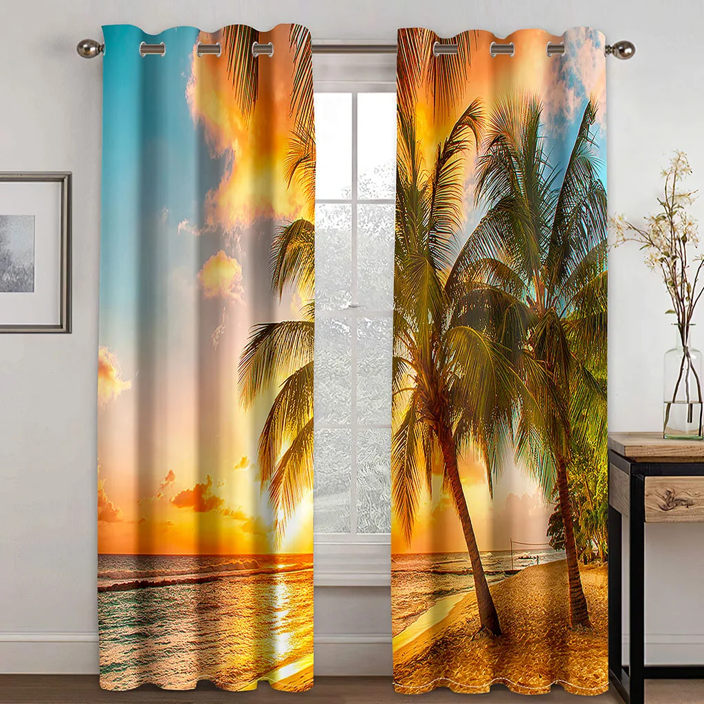 

Seaside Beach Coconut Tree Sunset Landscape Curtains 2 Panel Summer Home Decor Curtains Living Room Bedroom Window Decor Curtain
