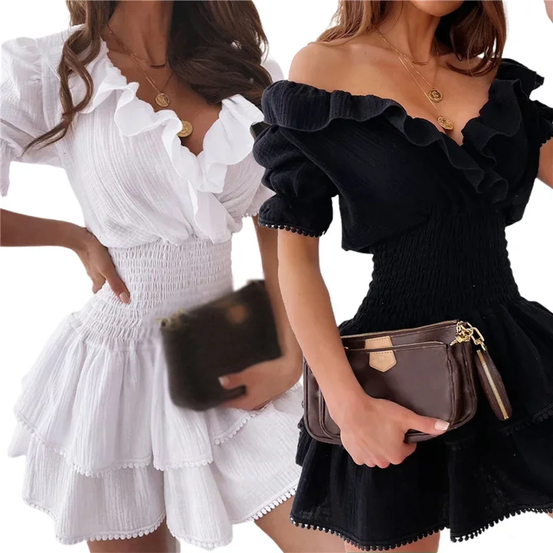 

Women's Warp V Neck Dress Short Puff Sleeve Solid Color Shirred High Waist Ruffle Mini Dress