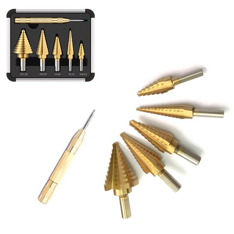 6Pcs 1/4" 3/8" Tower Drill Set Triangular Handle High Speed Steel Titanium Plated Tapper Reaming Step Drill Tool
6Pcs 1/4" 3/8" Tower Drill Set Triangular Handle High Speed Steel Titanium Plated Tapper Reaming Step Drill Tool