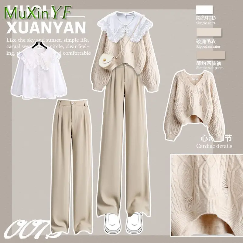 Women's Autumn Winter Matching Set Korean Elegant Hole V-Neck Knitted Sweater+Shirt+Suit Pants Three Piece Female Clothing
Women's Autumn Winter Matching Set Korean Elegant Hole V-Neck Knitted Sweater+Shirt+Suit Pants Three Piece Female Clothing