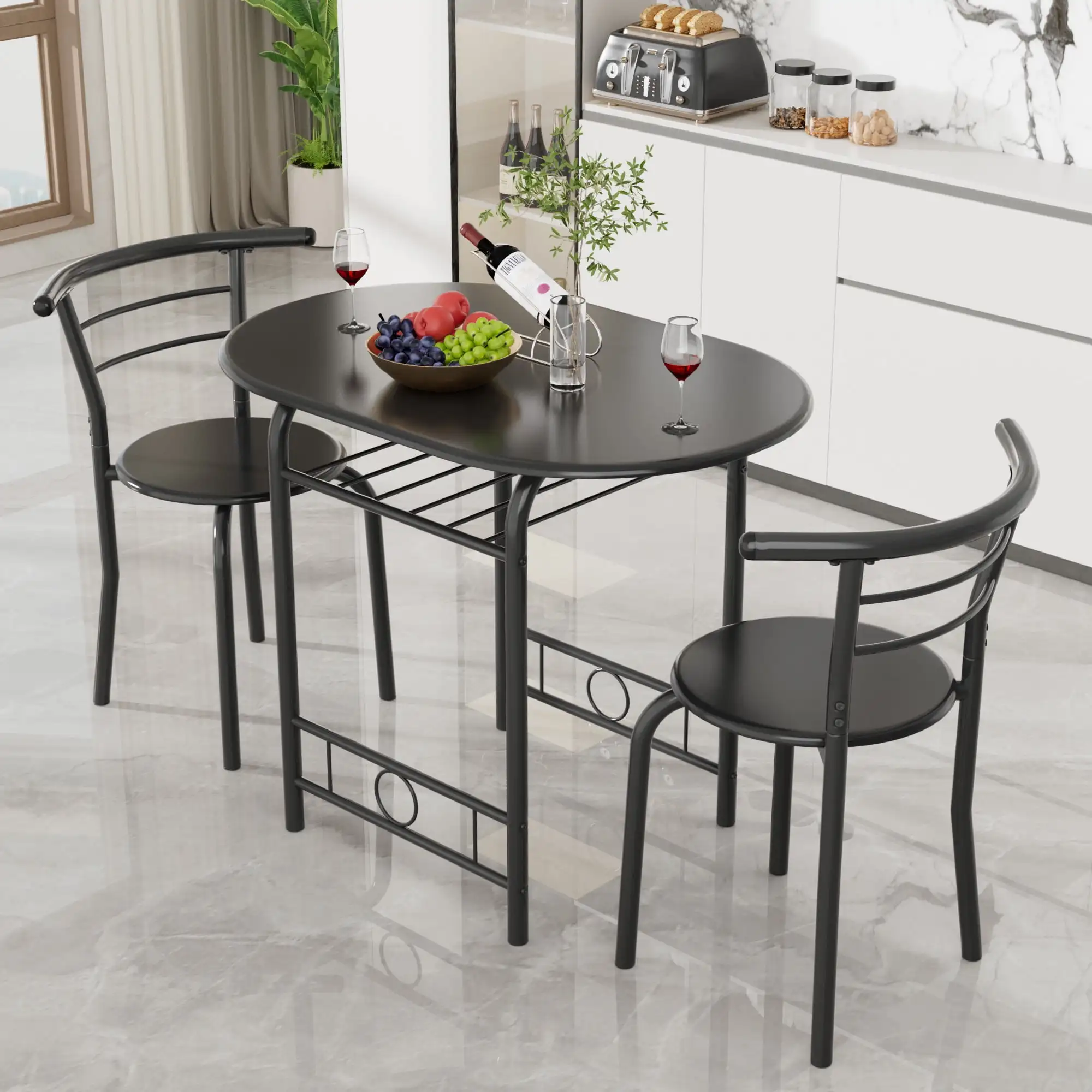 

Обеденный набор Vineego из 3 предметов для 2 небольших кухонных обеденных столов, компактные деревянные стулья и стол, черный