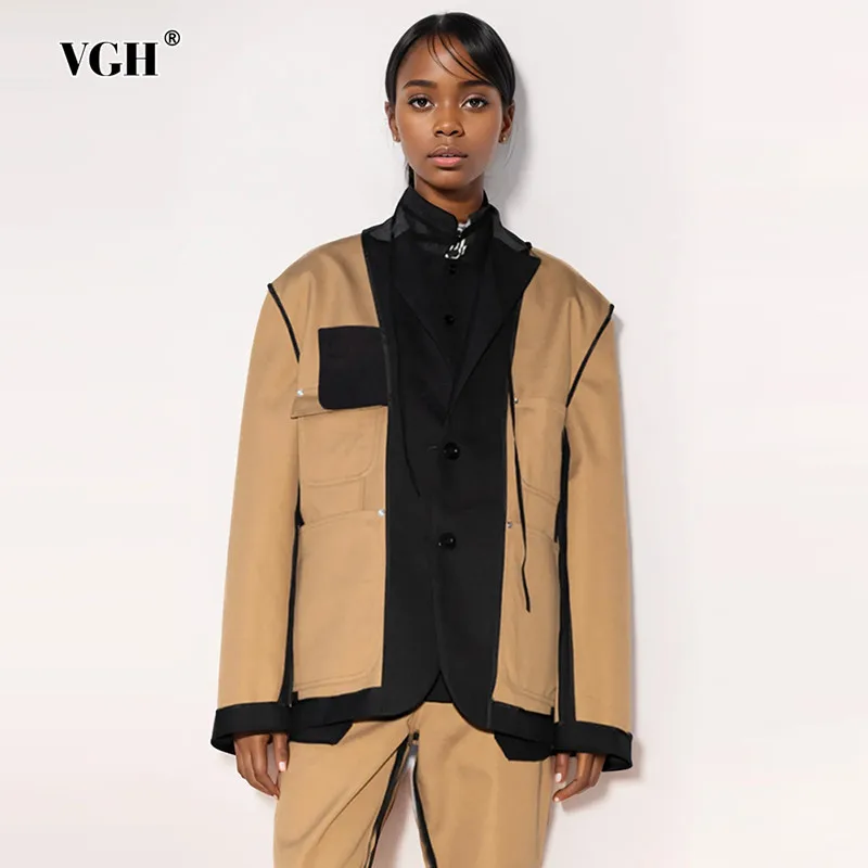 

VGH Hit Color Spliced Button Casual Blazers For Women Notched Collar Long Sleeve Patchwork Pockets Minimalist Blazer Female New